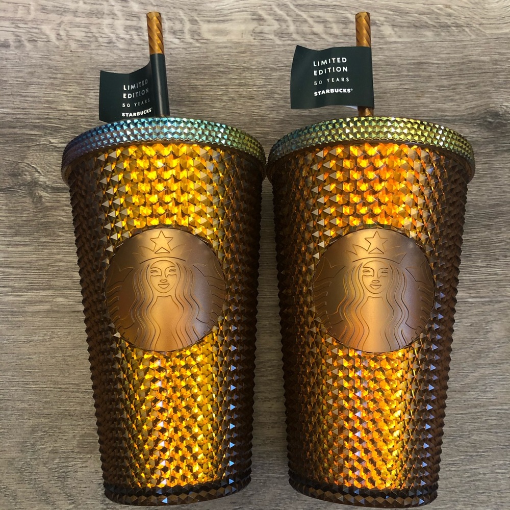 New Set of 2 Anniversary Honeycomb Grande Studded Cups Starbucks Gold